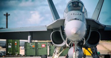 A No. 77 Squadron F/A-18A Hornet at Andersen Air Force Base, Guam. Photo by Corporal Glen McCarthy.