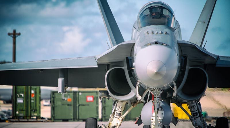 A No. 77 Squadron F/A-18A Hornet at Andersen Air Force Base, Guam. Photo by Corporal Glen McCarthy.