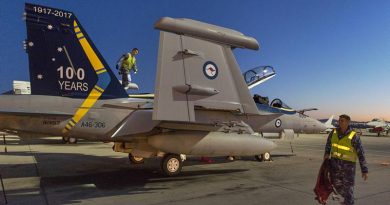 Technicians from Number 6 Squadron perform an after-flight inspection on an EA-18G Growler at Nellis Air Force Base, Nevada, during Exercise Red Flag 18-1. Photo by Corporal David Cotton.