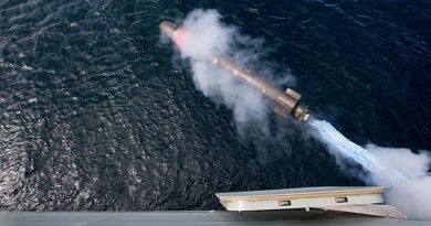 HMAS Hobart conducts a practice torpedo-firing trial off the east coast of Australia. Photo by Able Seaman Craig Walton.