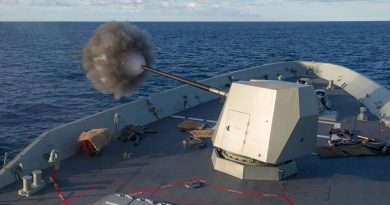 HMAS Hobart fires her Mark 45 Mod 6 5-inch gun during weapon trials off the east coast of Australia. Photo by Leading Seaman Peter Thompson.