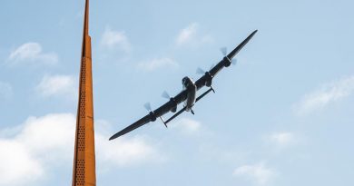 BBMF Lancaster over Memorial Spire November 2015. International Bomber Command Centre official photo.