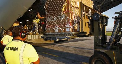 A pallet load of emergency supplies is unloaded from a RAAF C-17A Globemaster in Tonga in the wake of Tropical Cyclone Gita. Photo by Corporal Colin Dadd.