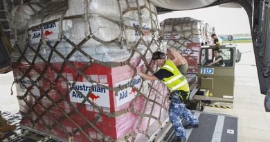 RAAF Amberley air-load team members load pallets of Australian Aid onto a RAAF C-17A Globemaster for delivery to Tonga. Photo by Sergeant Peter Borys.