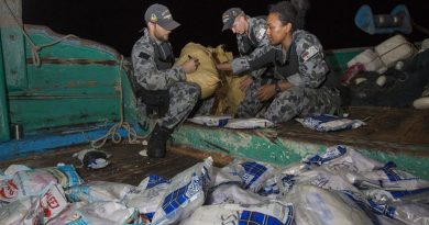 Royal Australian Navy sailors Leading Seaman Adam Cook, Able Seaman Dylan Canderle and Able Seaman Lydia Ratu Kavoa label and bag parcels of seized narcotics on a vessel in the Middle East. Photo by Leading Seaman Tom Gibson.