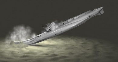 An artist’s impression of HMAS AE1 impacting the seabed.