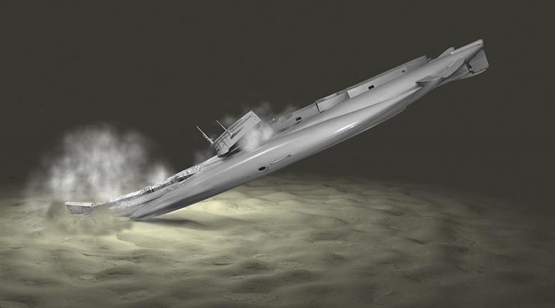 An artist’s impression of HMAS AE1 impacting the seabed.