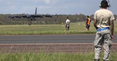 A US Air Force B-52 Stratofortress arrive lands at RAAF Base Darwin to train with the Royal Australian Air Force. Photo by Corporal Terry Hartin.