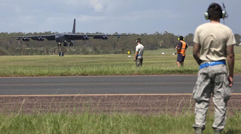 A US Air Force B-52 Stratofortress arrive lands at RAAF Base Darwin to train with the Royal Australian Air Force. Photo by Corporal Terry Hartin.