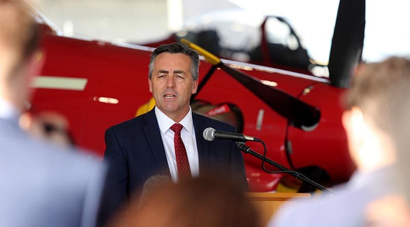 Darren Chester addresses invited guests during a ceremony at RAAF Base East Sale. Photo by Corporal Veronica O'Hara.