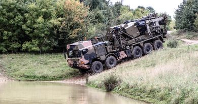 An Australian dry support bridge launcher being tested at Millbrook Proving Grounds in England.