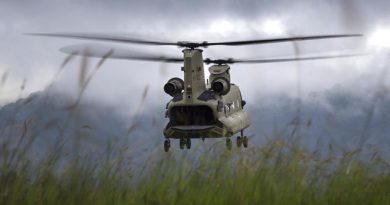 An Australian Army CH-47F Chinook takes off from Mount Hagen Airport during Operation PNG Assist 2018. Photo by Corporal Oliver Carter.