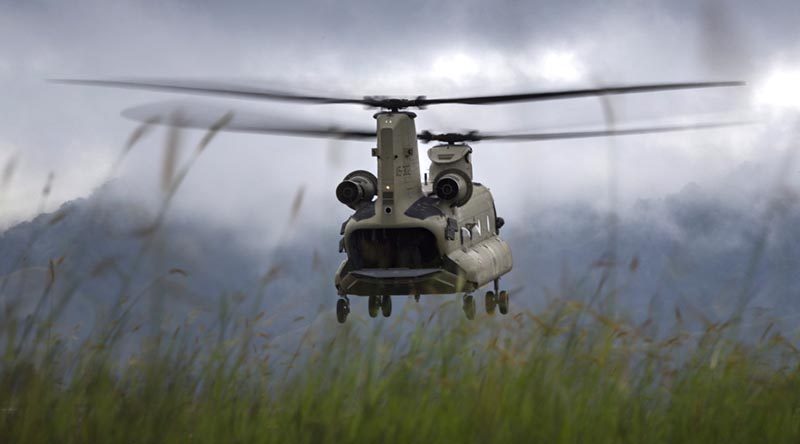 An Australian Army CH-47F Chinook takes off from Mount Hagen Airport during Operation PNG Assist 2018. Photo by Corporal Oliver Carter.