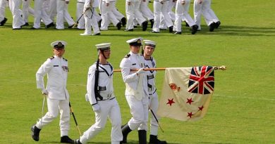 Royal New Zealand Navy Fleet and Naval Support sailors assembled adjacent to the Devonport Naval base today to formally parade their Colours. Photo courtesy AirflowNZ