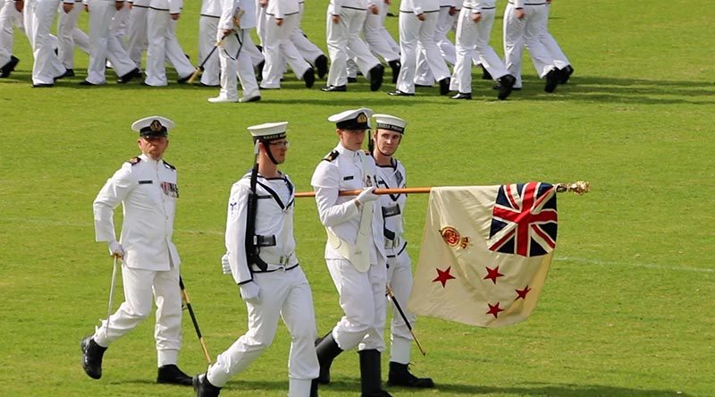 Royal New Zealand Navy Fleet and Naval Support sailors assembled adjacent to the Devonport Naval base today to formally parade their Colours. Photo courtesy AirflowNZ