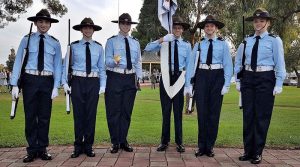 The No 608 (Town of Gawler) Squadron Catafalque Party for the Dawn Service at Pioneer Park in Gawler (left to right):  Cadet Corporal Leo Keane, Leading Cadet Courtney Semmler, Cadet Flight Sergeant Casey Dibben (Guard Commander), Leading Cadet Daniel Sherratt, Cadet Corporal Lucy Tassell, Cadet Corporal Annabelle Blanch. Photo contributed by 608 SQN.