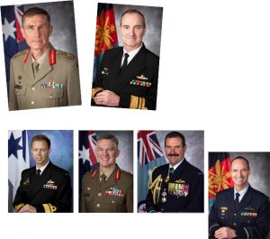 Lieutenant General Angus Campbell – CDF (top left) Vice Admiral David Johnston – VCDF (top right) Rear Admiral Mike Noonan – Chief of Navy (bottom left) Major General Rick Burr – Chief of Army (bottom, second from left) Air Marshal Leo Davies – stays on as Chief of Air Force (bottom, second from right) Air Vice Marshal Mel Hupfeld – Chief of Joint Operations (far right)