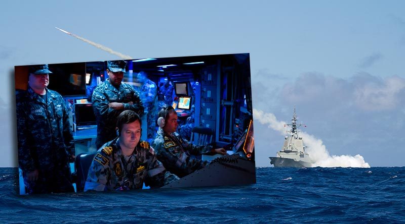 HMAS Hobart fires a Harpoon Blast Test Vehicle, and, inset, Lieutenant Commander Marc Beecroft from HMAS Sydney conducts training with the Aegis Combat System onboard USS Kidd to prepare for the arrival of the new Hobart-class into the Royal Australian Navy. Main photo by Leading Seaman Peter Thompson – inset by Able Seaman Sarah Ebsworth.