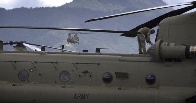 An Australian Army CH-47F Chinook helicopter returns to Mount Hagen Airport during Operation PNG Assist 2018. Photo by Corporal Oliver Carter.