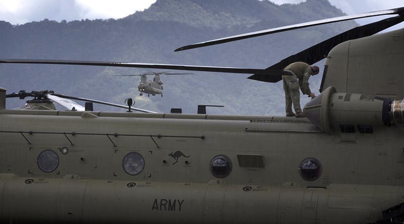 An Australian Army CH-47F Chinook helicopter returns to Mount Hagen Airport during Operation PNG Assist 2018. Photo by Corporal Oliver Carter.