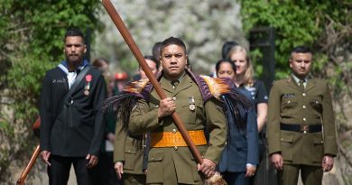 Lance Corporal Mark Goldsmith leads a Maori Cultural Group into Chanak Consular Cemetery in Canakkale, Turkey.