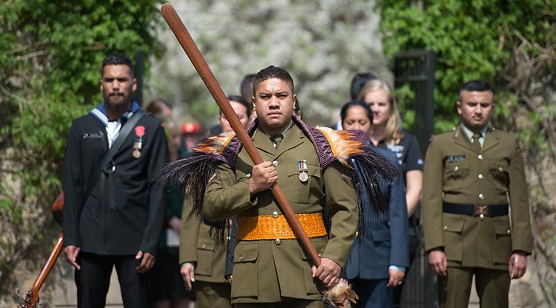 Lance Corporal Mark Goldsmith leads a Maori Cultural Group into Chanak Consular Cemetery in Canakkale, Turkey.