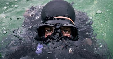 Royal Australian Navy clearance diver Able Seaman Humphrey Macleod submerges during a training activity in support of Queensland Police for the 2018 Gold Coast Commonwealth Games. Photo by Corporal Kyle Genner.