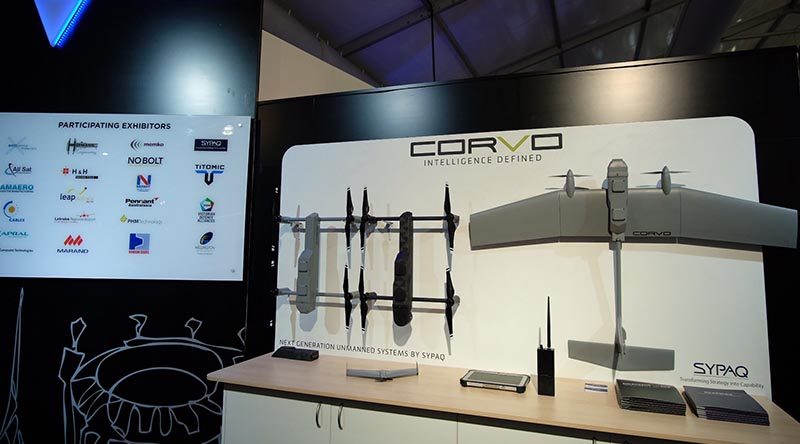 A range of Corvo unmanned aircraft on display at Avalon 2017. Photo courtesy SYPAQ Systems Twitter feed.