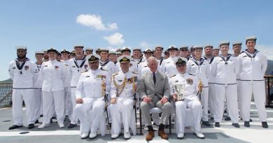 His Royal Highness, The Prince of Wales with the winners of the Duke Gloucester’s Cup for 2017, Hydrographic Ship Blue Crew on the flight deck of HMAS Leeuwin in Cairns. Photo by Petty Officer Phil Cullinan.