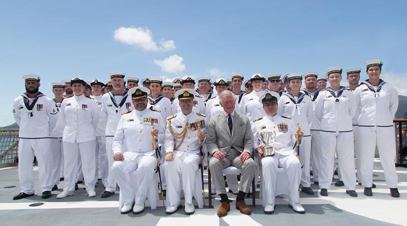 His Royal Highness, The Prince of Wales with the winners of the Duke Gloucester’s Cup for 2017, Hydrographic Ship Blue Crew on the flight deck of HMAS Leeuwin in Cairns. Photo by Petty Officer Phil Cullinan.