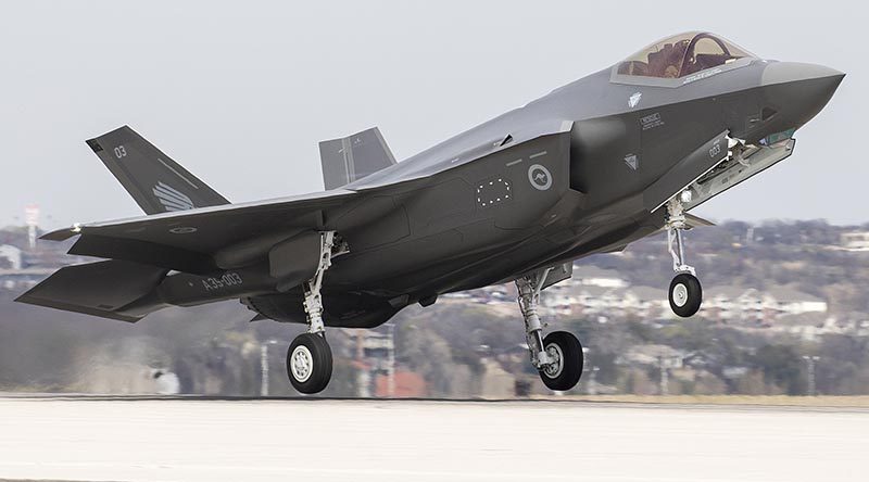 Royal Australian Air Force F-35A AU-003 departs Fort Worth Texas enroute to Luke Air Force Base, Arizona, to join the pilot-training fleet. Lockheed Martin photo by Alexander H Groves.