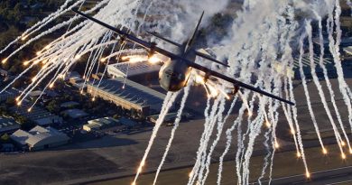 An Air Force C-130J Hercules conducts low-level training and flare drops over RAAF Base Richmond. Photo by Warrant Officer Mark McIntyre.