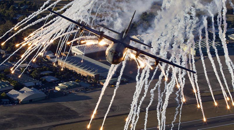 An Air Force C-130J Hercules conducts low-level training and flare drops over RAAF Base Richmond. Photo by Warrant Officer Mark McIntyre.