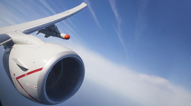 A RAAF No 11 Squadron P-8A Poseidon armed with Harpoon missile on a training sortie. Photo by Corporal Craig Barrett.