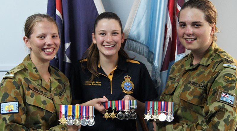 LCDT Courtney Semmler, CCPL Lucy Tassell and CFSGT Casey Dibben of No 6 Wing, AAFC will honour the military service of their forebears during this year’s Anzac commemoration period, by wearing their medals.