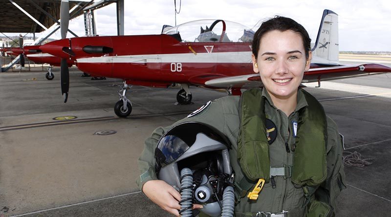 RAAF Flight Camp for Young Women participiant Ruth Staer ready to go flying in a PC-9/A. Photo by Sergeant Pete Gammie.