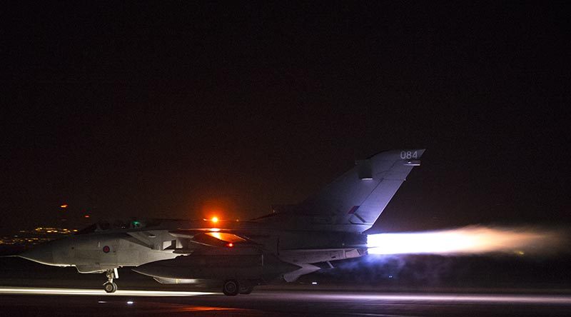 A Royal Air Force Tornado takes off from RAF Akrotiri, Cyprus, to conduct strikes on Syria. Photo by Corporal L Matthews, Royal Air Force.