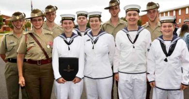 Seaman Siobhan von Prott, holding her graduation certificate, poses with, from left, Private Olivia Postlethwaite, mum Lieutenant Colonel Kim von Prott, brother (and Olivia’s partner) Private Angus von Prott, Leading Seaman Dylan Waters (fiancé of Molly von Prott, one of the non-military family members), sister Seaman Alexandria Cunningham, brother Private Fearghus von Prott, brother Cadet Leading Seaman Ethan von Prott, brother Private Hamish von Prott, and brother Cadet Recruit Robert von Prott at her graduation ceremony at HMAS Cerberus. Absent is Alexandria’s husband Leading Seaman Luke Cunningham, who sailed on HMAS Success the day the photo was taken.  Photo by Able Seaman Bonny Gassner Story by Corporal Sebastian Beurich