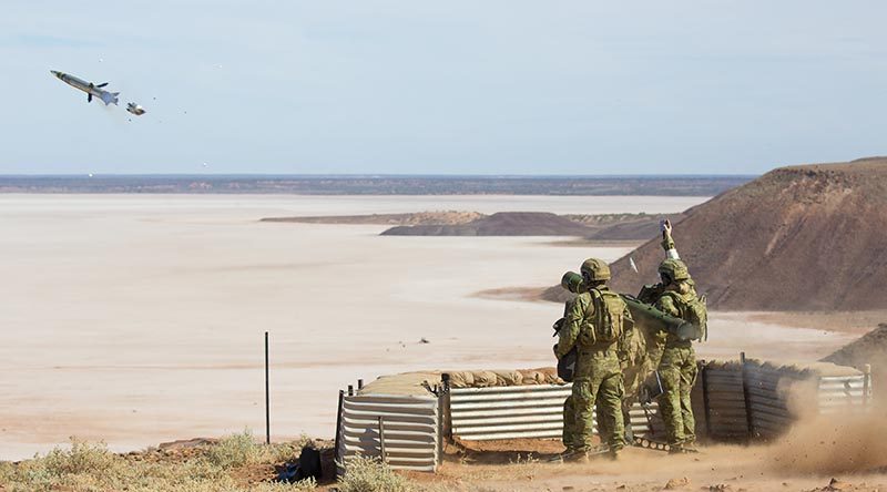 16th Air Land Regiment personnel launch an RBS-70 anti-aircraft missile at the Woomera Range Complex in South Australia.