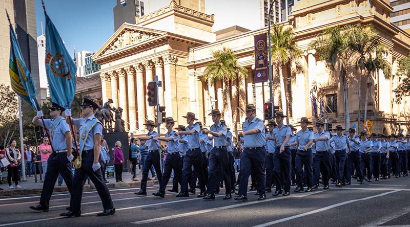 2 Wing Australian Air Force Cadets march through Brisbane after being granted Freedom Of Entry to the City. Photo supplied by Steve McCann.