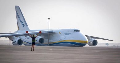 An Antonov 124 cargo plane arrives at RAAF Base Williamtown near Newcastle NSW to deliver F-35A training equipment. RAAF photo.