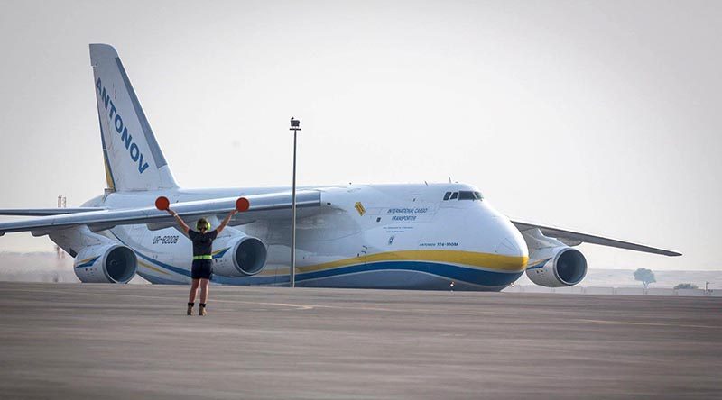 An Antonov 124 cargo plane arrives at RAAF Base Williamtown near Newcastle NSW to deliver F-35A training equipment. RAAF photo.