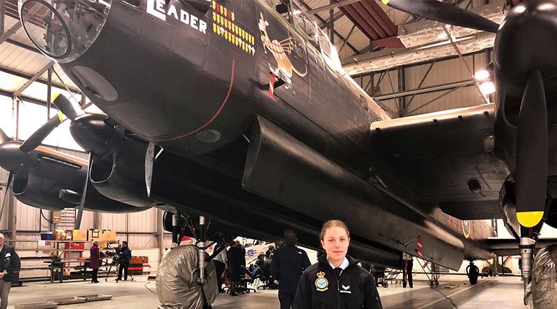 CCPL Sydney Searle (603SQN AAFC) with the Battle of Britain Memorial Flight’s Lancaster bomber at RAF Coningsby. The nose art depicts a kangaroo playing bagpipes, which is a replica of the artwork on a wartime Lancaster ‘L’ for Leader of No 460 Squadron RAAF, which flew out of RAF Binbrook. Photo supplied by CCPL Searle