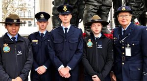 Australian Air Force Cadets at the Bomber Command Memorial in Green Park, London; (left to right) CCPL Joshua Aldridge (508SQN), CWOFF Stuart Archibald (703SQN), CUO Nash Petrincic (405SQN), CCPL Sydney Searle (603SQN) and FLTLT(AAFC) Deborah Hoiles (331SQN). Image supplied by AAFC.