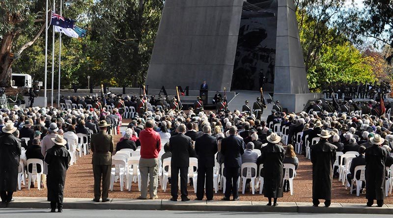 Memorial service to mark the 50th anniversary of the Battles of FSBs Coral and Balmoral, at the Vietnam War Memorial on Anzac Parade, Canberra. Photo via DVA.