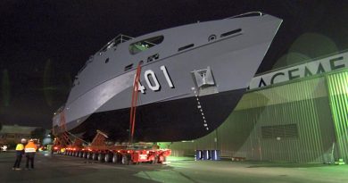 The first of 21 new Guardian-class patrol boats for the Pacific Patrol Boat Program moving from build site to water for launch. Austal photo.