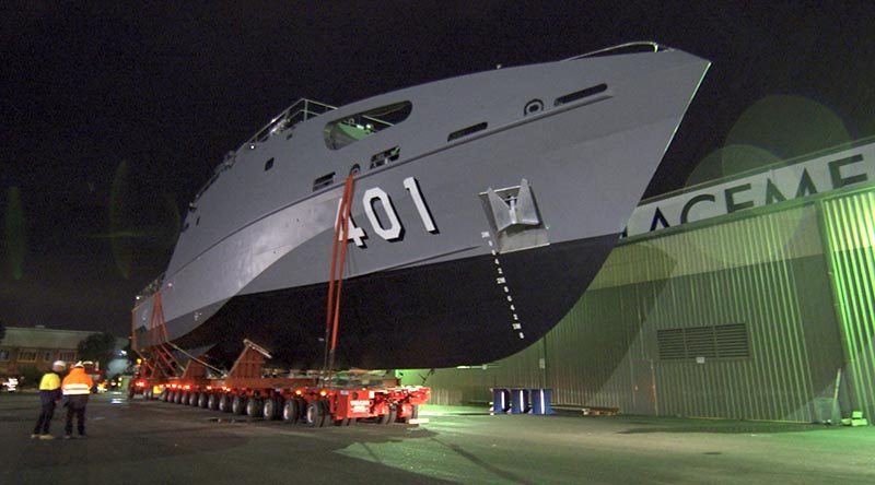 The first of 21 new Guardian-class patrol boats for the Pacific Patrol Boat Program moving from build site to water for launch. Austal photo.