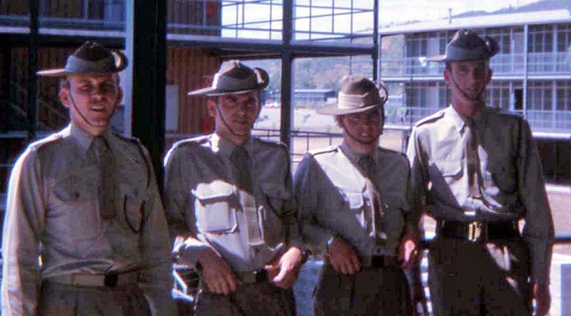 Peter Kowalski (KIA), Ian Cavanough, Ian Crisp (WIA) and Digger at Lavarack Barracks Townsville, 1969.