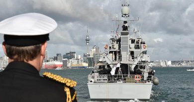 New Zealand's Chief of Navy Rear Admiral John Martin watches as Royal New Zealand Navy inshore patrol vessel HMNZS Taupo leaves Auckland on a three-month mission to conduct maritime patrols in support of the Republic of Fiji Navy. NZDF photo.