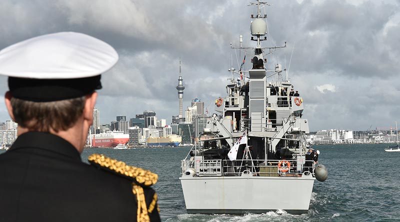 New Zealand's Chief of Navy Rear Admiral John Martin watches as Royal New Zealand Navy inshore patrol vessel HMNZS Taupo leaves Auckland on a three-month mission to conduct maritime patrols in support of the Republic of Fiji Navy. NZDF photo.